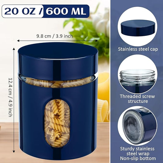 Mimorou 6 Pack Kitchen Canisters Set Airtight Coffee Sugar Tea Storage Jars with Window Glass Stainless Steel Containers with Lids for Flour Cookies Spices Grains Kitchen Decorations(Navy Blue,20 oz)