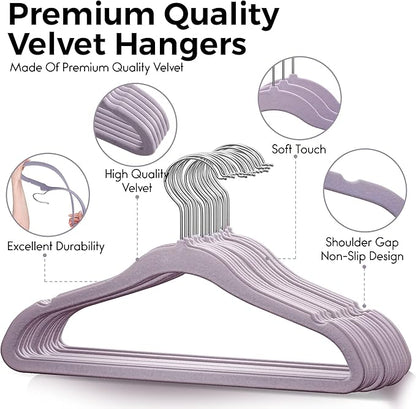 TechZoo 50 Premium Kids Velvet Hangers - 14'' Non-Slip, Ultra-Slim & Space-Saving Hangers - 360° Swivel Hook, Strong & Durable for Children & Preteens - Purple