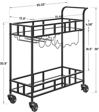 TrailBlaze 2-Tier Black+Mirror Rolling Bar Cart – Mirrored Shelves, Wine Bottle & Glass Racks – Beverage Service Trolley with Wheels for Home, Kitchen, Dining, Living Room