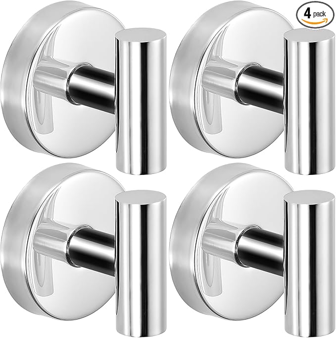 Fenas Suction Cup Hooks for Shower - Bathroom Reusable Hooks for Towels, Robes & Loofah - No-Drill Mounting on Kitchen,Walls,Metal,Glass,Mirrors,Tile & Smooth Non-Porous Surfaces (4, Chrome Polished)