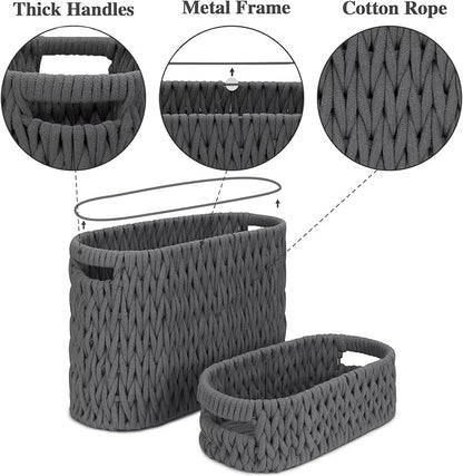 Boho Toilet Paper Storage Baskets, Cotton Rope Woven Bathroom Basket Set of 2, Standing Toilet Paper Holder for 6 Mega Rolls,Storage Bins for Toilet Tank Top, Bathroom Organizer Decor (Gray 2 Pack)