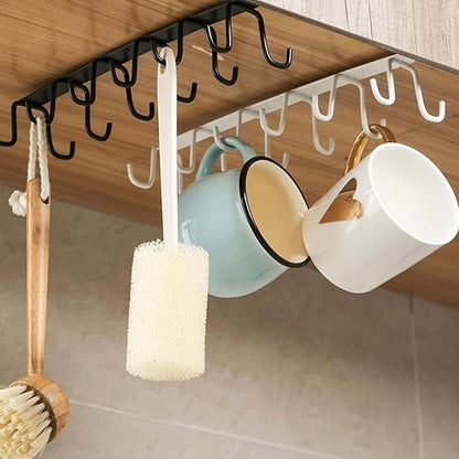 2 Pack Under Cabinet Hook Rack, 12-Hook Double Row Metal Hanging Organizer for Kitchen Utensils, Mugs, Closet Accessories, No Drill Shelf Hanger – Black & White
