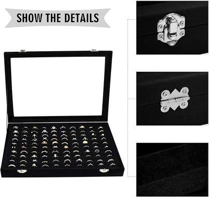 Velvet Ring Display Tray Organizer Box with Transparent Lid, 100 Slot Ring Holder Showcase For Store Display Jewelry Show Home, Ring Organizer For Rings Earrings (Black)