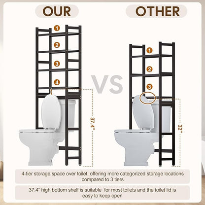 Cozivolife Over The Toilet Storage with 2 Baskets, 4-Tier Bamboo Organizer Rack with Paper Holder & 4 Hooks & Waterproof Feet Pad,Freestanding Shelf for Bathroom(Brown)