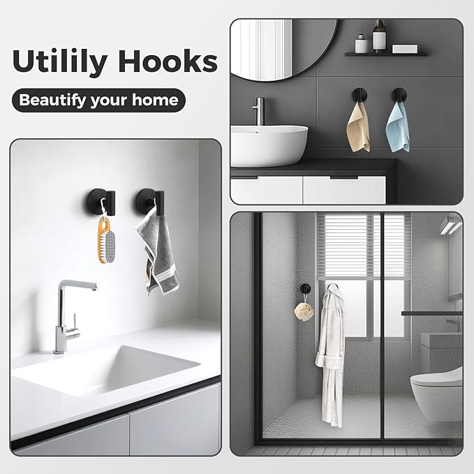 WingWider Shower Hooks for Inside Shower,No-Drill Removable&Reusable Towel Hooks for Bathroom,Heavy Duty Suction Cup Hooks for Glass Window,2 Packs(Black)