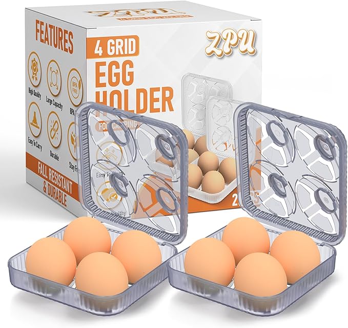 ZPU Egg Holder Camping, 2Pcs 4 Grid Egg Container, Plastic Egg Carrier for Camping Picnic Travel Outdoor Refrigerator Kitchen, Protective Egg Storage Case, Grey Purple