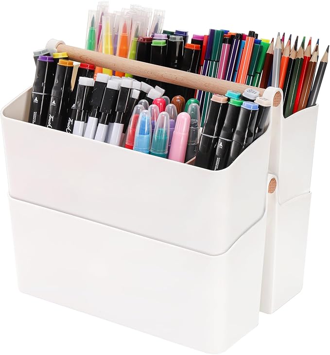 Frcctre 2 Pack Plastic Portable Organizer Caddy Tote with Handle, Stackable 8 Slots Storage Organizer Bin with Adjustable Dividers for Home Bathroom Classroom Art Crafts Storage Supplies