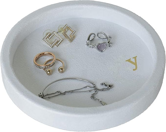 COLLECTIVE HOME - Velvet Jewelry Tray, 6" Monogrammed Jewelry Dish, Smooth Velour Display Dish for Rings, Earrings, Necklaces, Makeup, Personalized Gifts for Women (White-y)