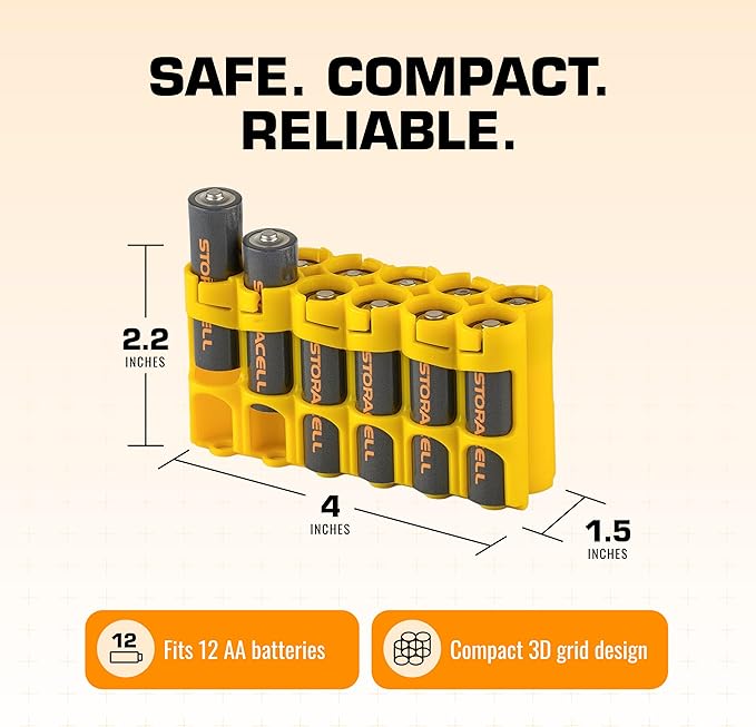 Storacell by Powerpax AA Battery Storage Caddy, Yellow, Holds 12 Batteries (Not Included)