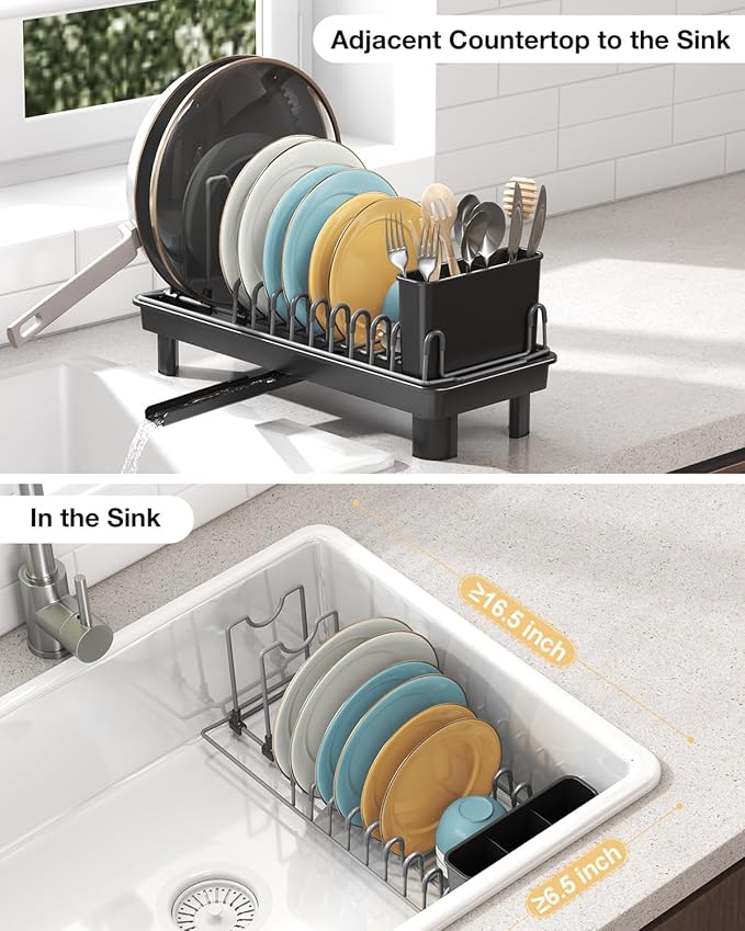 Nfnoyp Small Dish Drying Rack, Carbon Steel Dish Rack Rustproof for Kitchen Counter, Compact Space-Saving Dish Drainer with Adjustable Slots for Small Kitchens & Apartments, 16.5×6.5×7inch, Black