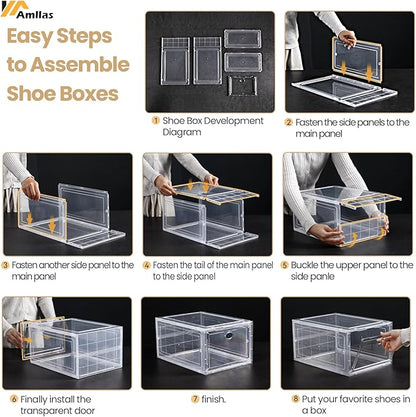 Amllas 12 Pack Clear Shoe Boxes Stackable,Shoe Storage Boxes for Closet,Sturdy Shoe Box Storage Containers with Clear Door,Sneaker Storage,Easy to Assemble,Fit up to US Size 12(13.8”x 9.84”x 7.1”)