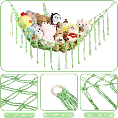 Stuffed Animal Hammock Corner, Hand-knitted Large Plushie Net Toy Hammock with Wooden Rings | Boho Cute Stuff Animal Storage for Nursery & Bedroom | Mesh Kids Toy Organizer Holder Nursery Room Decor