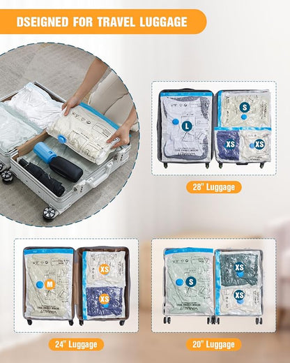 Vacuum Storage Bags for Travel, 12 Pack (4M+4S+4XS) Vacuum Seal Bags with Wireless Rechargeable Electric Pump, Travel Essentials Space Saving Bag for Clothes, Luggage, Carry-on Suitcase, Backpack