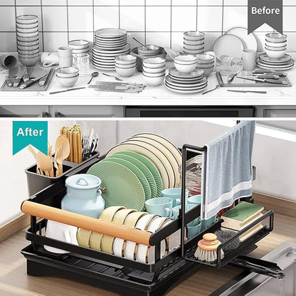 Dish Drying Rack for Kitchen Counter - Dish Drying Rack with Tray, Drying Rack for Kitchen Sink with Utensil Holder Swivel Spout, Black