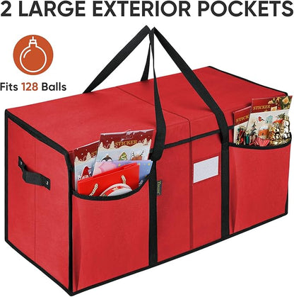 BALEINE Christmas Ornament Storage Box with Dividers, Premium Holiday Ornaments Storage Container Bin for Xmas Decorations (128 Ball, Red, Without Tray)
