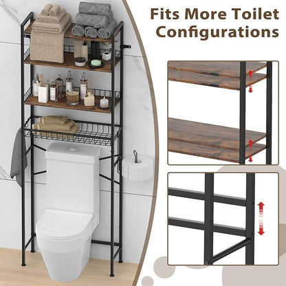 CooFel Over The Toilet Storage Rack, 4-Tier Bathroom Organizer Shelf with Paper Holder & 4 Hooks, Adjustable Metal Shelves Over Toilet for Small Spaces, Brown