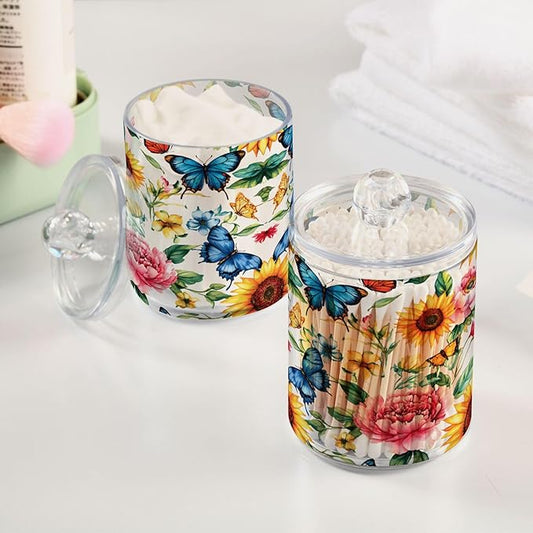 MNSRUU 4 Pack Qtip Holder Organizer Dispenser Sunflowers Peonies and Butterflies Bathroom Storage Canister Cotton Ball Holder Bathroom Containers for Cotton Swabs/Pads/Floss