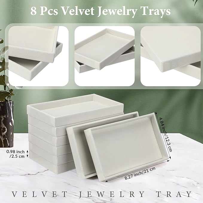 Inbagi 8 Pcs Small Velvet Jewelry Tray Stackable Jewelry Drawers Organizer Trays Jewelry Storage Trays 8.3 x 4.7 x 1 Inches (Beige)