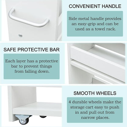 MARTY Rolling Storage Cart 7.9" W, 4-Tier Kitchen Cart with Wheels Handle, Slim Storage Cart Mobile Shelving Utility Carts for Bathroom Laundry Room Organization Narrow Places (White)