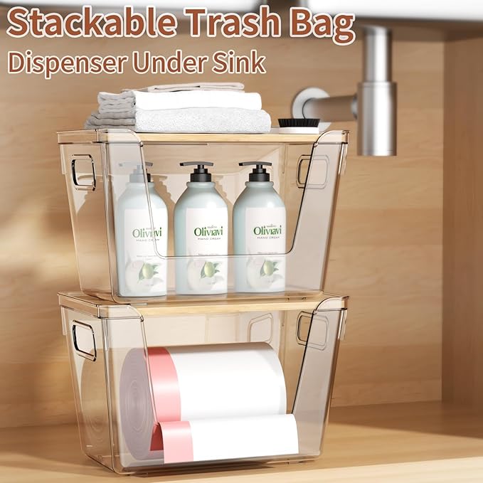 1 Set Stackable Storage with Bamboo Top for Laundry Room Organization, Extra Large Trash Bag/Garbage Bag Dispenser, Under Sink Organizer, Pantry Organizers