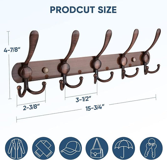 TICONN Wall Mounted Coat Rack, Five Heavy Duty Tri Hooks All Metal Construction for Jacket Coat Hat in Mudroom Entryway (Antique Bronze, 2-Pack)