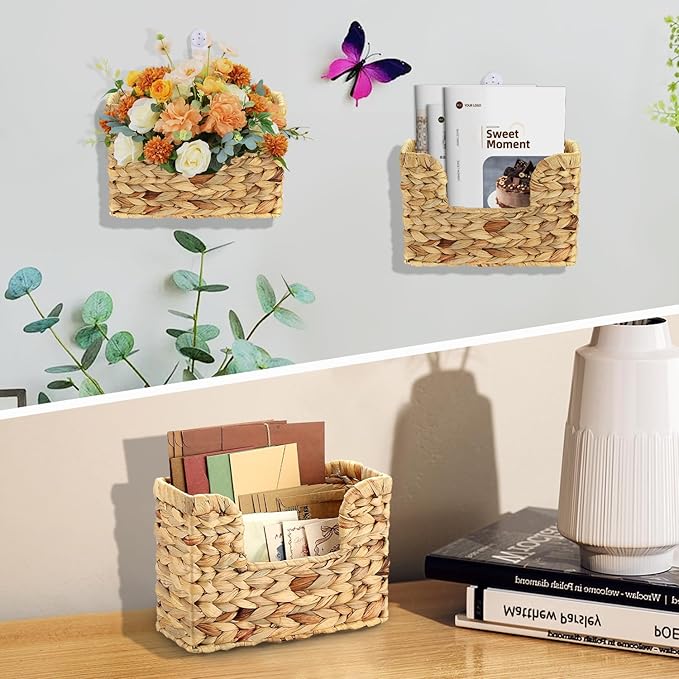 Woven Hanging Magazine Holder, Natural Water Hyacinth Wall Mounted Basket for Books, Files & Magazines, Organizer Rack with Handle (Water Hyacinth, 11.8″ x 4.3″ x 7.9″)