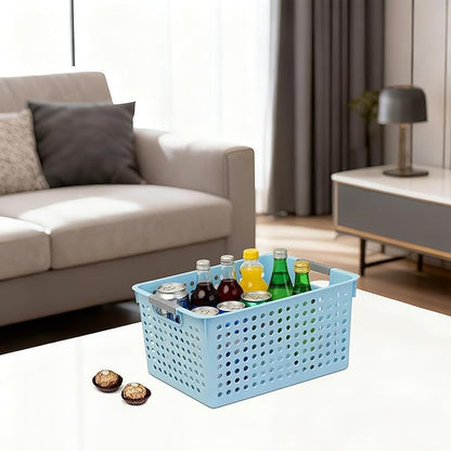 Soddeph 4 Pack Plastic Deep Storage Basket with Handles, Cubbies Organizer Bins with Hollow Design for Under Counter, Closet, Kitchen or Bathroom 12.3" × 8.7" × 6.9" (Blue, Medium)