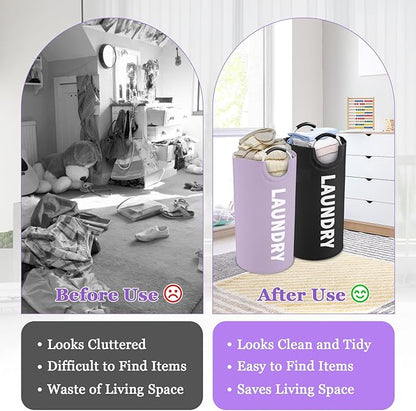 Set of 2 Collapsible Laundry Baskets with Aluminum Handles, 95L Large Laundry Baskets in 600D Oxford Fabric, Portable Dirty Clothes Hampers for Bedroom, Travel, Black + Purple