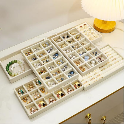 SPAKOWN Jewelry Organizer for Drawer, Adjustable Velvet Jewelry Tray, Stackable Necklace Organizer Earring Holder Organizer Ring Tray Jewelry Storage Display Drawer Inserts Set of 9 (Beige)