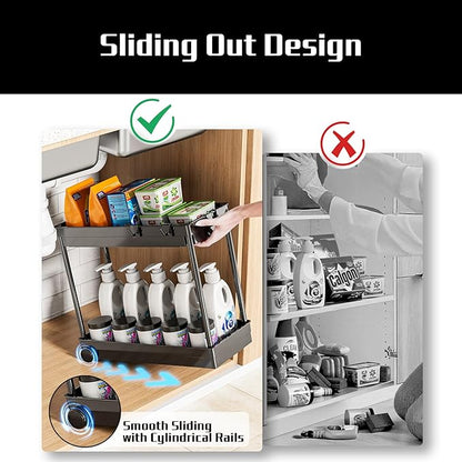2 Pack Under Sink Organizer, 2 Tier Bathroom Cabinet Organizers and Storage with Hook, Multi-purpose Storage Basket Shelf for Kitchen, Black
