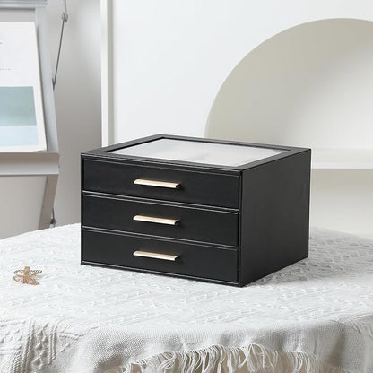 Frebeauty Clear Lid Jewelry Box,3-Layer Jewelry Organizer with Drawer,PU Leather Jewelry Organizers and Storage,Jewelry Boxes for Women,Jewelry Storage for Rings Earring Stud,Gift for Women(Black)