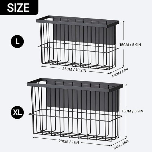 2 Pcs Magnetic Basket Fridge Dryer Ball Holder for Laundry Room Organization and Storage, Magnetic Lint Bin Home Organization for Laundry Room, Kitchen & Office Class School (Black, L&XL-2pcs)