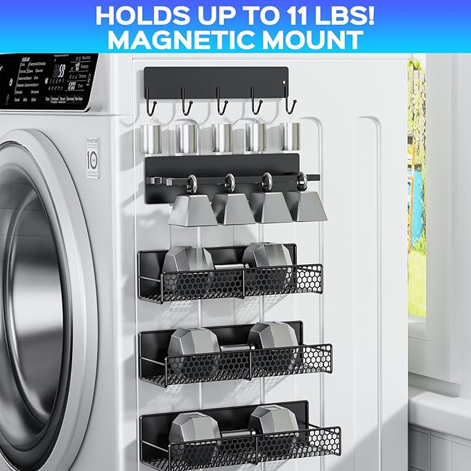 STON ELDER 5 Pack Magnetic Shelves for Washing Machine, Magnetic Spice Racks for Refrigerator, Laundry Organizer with Hooks, Hanger Organizer Stacker, Magnetic Hanger Holder, Utility Room, Kitchen