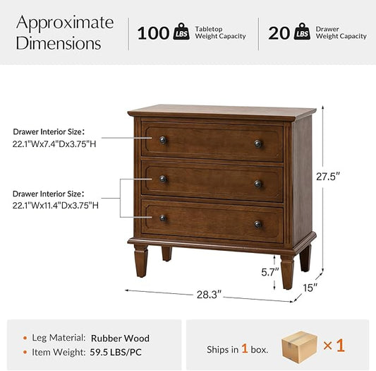 HULALA HOME 3 Drawer End Table with Charging Station, Wooden Drawer Organizer with Wood Legs, Mid Century Modern End Table, Walnut