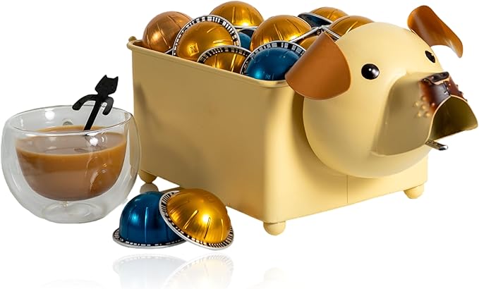 Made Easy Kit Coffee Pod Organizer Compatible with Nespresso Vertuo and Original - Countertop Sculpture Holder Basket Style for Café Bar, Corner Station Office Break Area (Dog Brown Square)