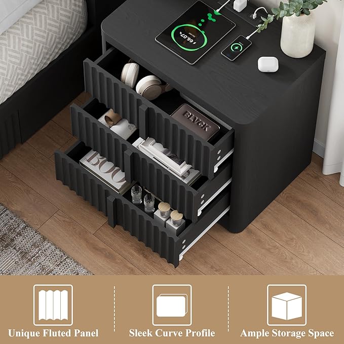 Harpaq Fluted Nightstand with Charging Station, 23.6" Night Stand with Solid Wood Handle, Mid Century Moden Bedside Table End Table 3 Drawer Dresser for Bedroom, Living Room, Black