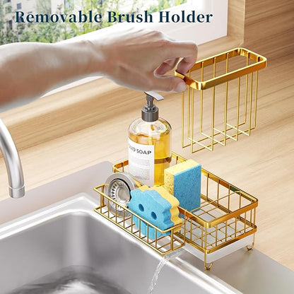 Consuemst Sponge Holder for Kitchen Sink - Auto Draining Sink Caddy Organizer with Detachable Rack, High Brush Holder, Kitchen Countertop Storage Accessories, Gold