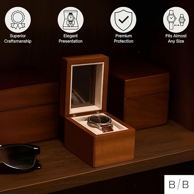 Bey-Berk Personalized Viscount Cherry Wood Single Watch Box, Custom Glass-Top Solid Wood Watch Display Case with Velour-Lined Cushion, 4.5" x 3.25" x 3.25"