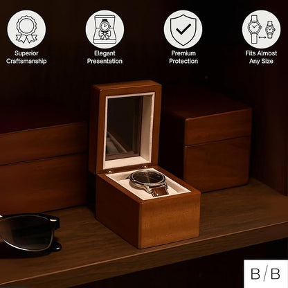 Bey-Berk Personalized Viscount Cherry Wood Single Watch Box, Custom Glass-Top Solid Wood Watch Display Case with Velour-Lined Cushion, 4.5" x 3.25" x 3.25"