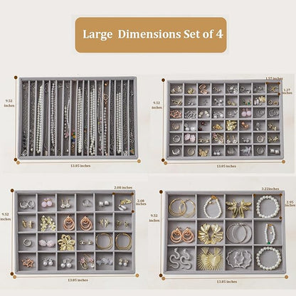 KATISYIO Large Jewelry Drawer Organizer Trays Set of 4, Stackable Velvet Jewelry Trays Organizer Holder Display Storage Showcase for Earring Necklace Bracelet Ring Accessary (Gray, 12+17+24+48 Grids)
