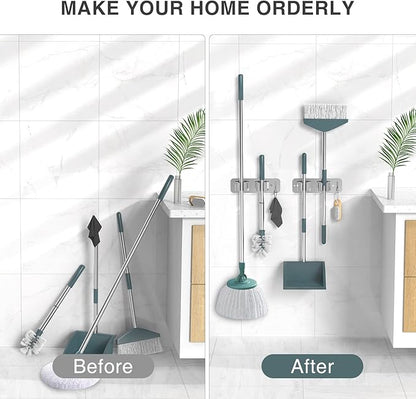 Wall Mount Mop and Broom Holder, Heavy Duty Stainless Steel Organizer Rack with Hooks | 2-Pack, 2-in-1 No Drill & Screw Installation, Silver