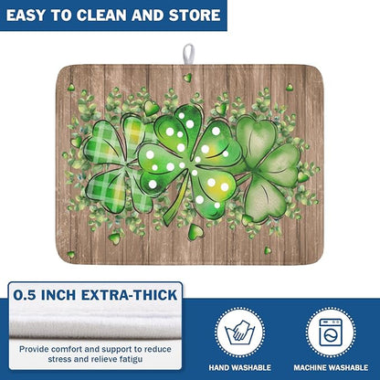 Wnoesat St Patricks Day Wooden Plank Texture Shamrock Dish Drying Mat St Patrick Eucalyptus Leaves Clover Dish Drying Pad for Kitchen Counter Absorbent Microfiber Dishes Drainer Rack Mats 18x24 Inch