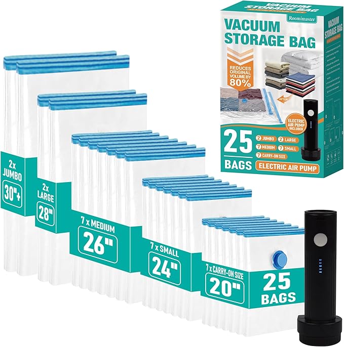 25 Pack Travel Vacuum Storage Bags with Rechargeable Wireless Electric Pump, Travel Packing Bags for Luggage and Suitcase, Carry-on Size Compression Space Saver for Clothes and Clothing