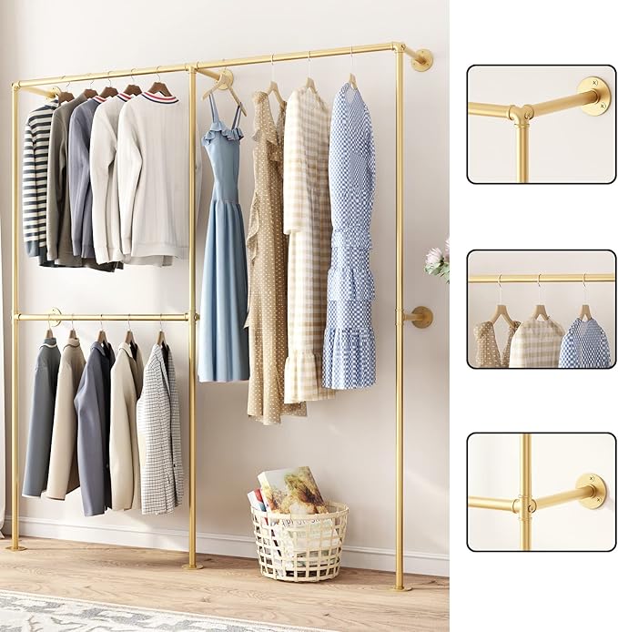 DR.IRON Industrial Pipe Gold Clothing Racks with Double Bar, Industrial Pipe Clothes Racks Wall Mounted, Heavy Duty Gold Closet Rods for Hanging Clothes Organizer Storage
