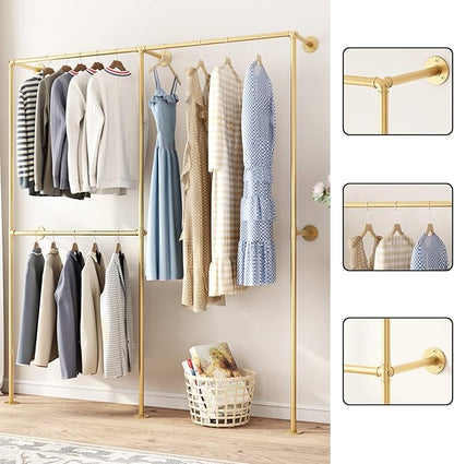 DR.IRON Industrial Pipe Gold Clothing Racks with Double Bar, Industrial Pipe Clothes Racks Wall Mounted, Heavy Duty Gold Closet Rods for Hanging Clothes Organizer Storage