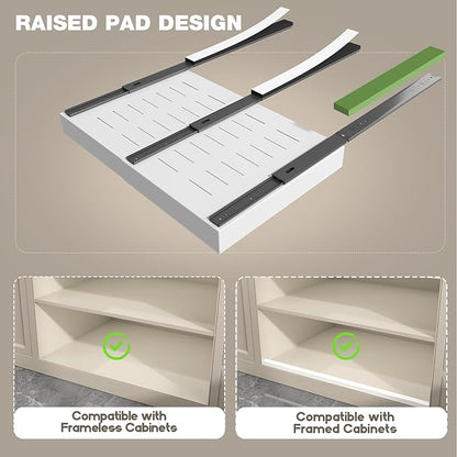 Seinloes 2 Pack Pull Out Cabinet Organizer 19" Deep,Full Extension 3 Slide Rails Slide Out Drawers With Raising Pad for Framed Cabinets,Expandable Width (15.4"-26.2"),No Drill Roll Out shelf,White