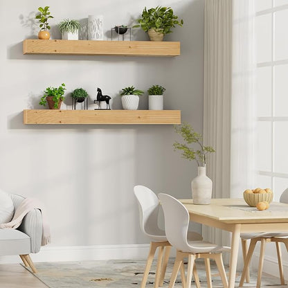 ROOMTEC Fireplace Mantel,60" Wood Floating Fireplace Shelves,Wall Mounted Wooden Display Shelving,Handcrafted Wood Brack,Natural Mantels Over Fireplace | 60" x 8" x 5"-Clear Varnished Natural Wood