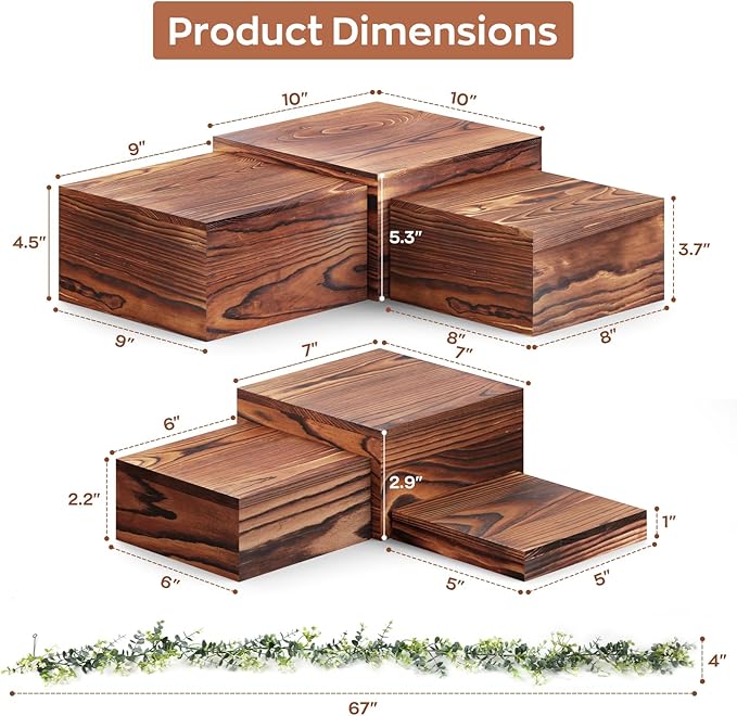 6 PCS Wooden Buffet Risers, Wood Display Risers for Food, Wooden Square Risers Display Stands, Food Risers for Buffet Table (10", 9" , 8", 7", 6", 5") with 67" Faux Greenery Vine