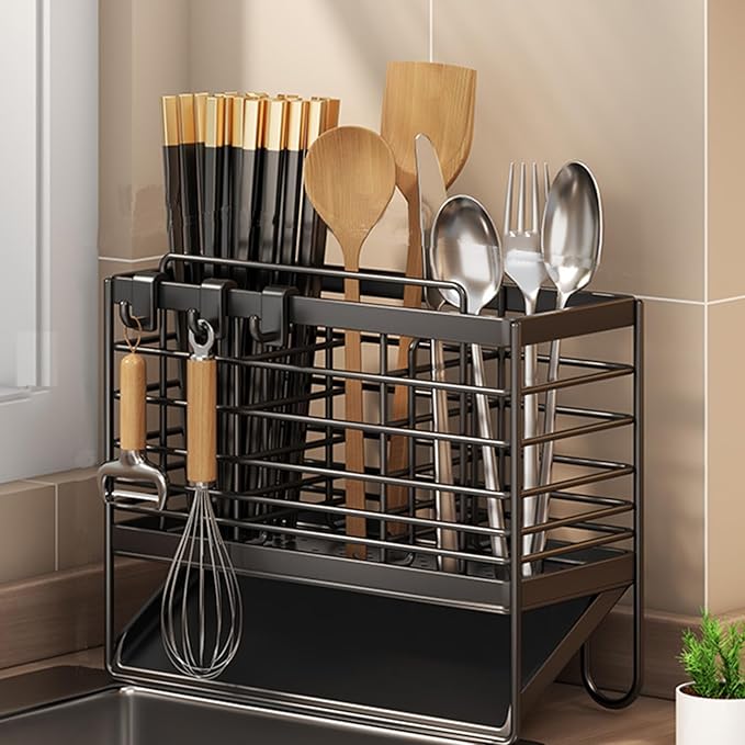 Utensil Holder, Dish Drainer for Kitchen Counter,3 Compartments Stainless Steel Utensil Drying Rack,Kitchen Utensils Holder with Towel Bar,Self-Draining Tray Design(Black)