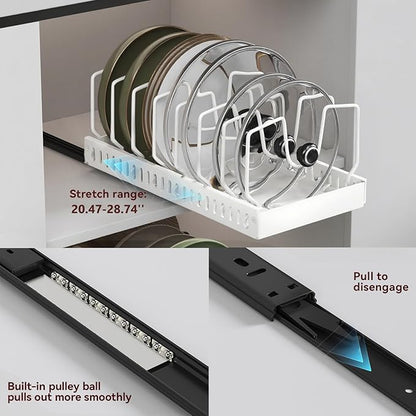 Pots and Pans Organizer Under Cabinet, Pull Out Pots and Pans Organizer, Expandable Sliding Lid Holder and Pan Rack for Pot Lid, Bakeware, Dishes, 10 Adjustable Dividers